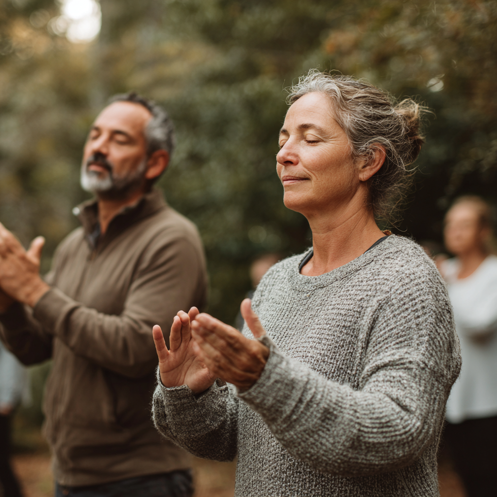 Middle-aged adults practicing mindful movement exercises in natural outdoor setting
